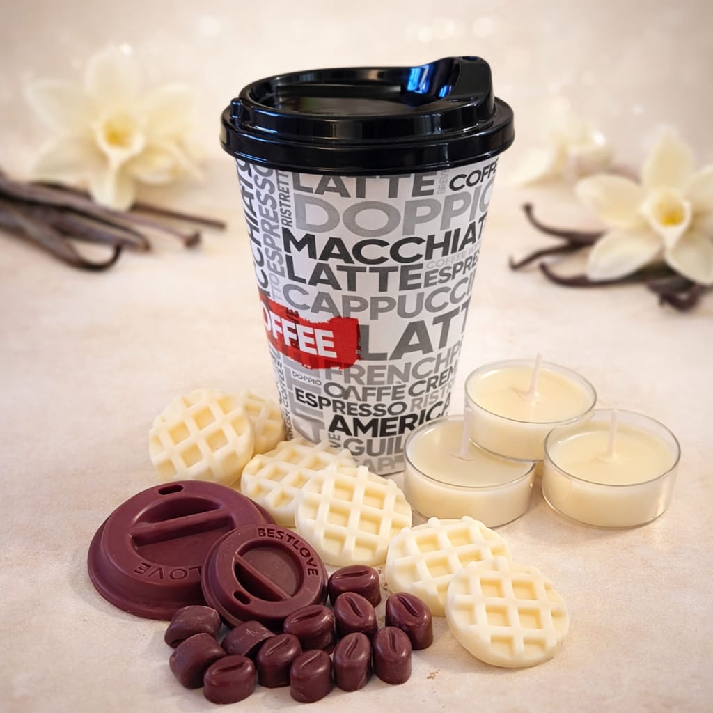 Pack Vainilla y Café | Vaso Reutilizable + Wax Melts + Velas Té